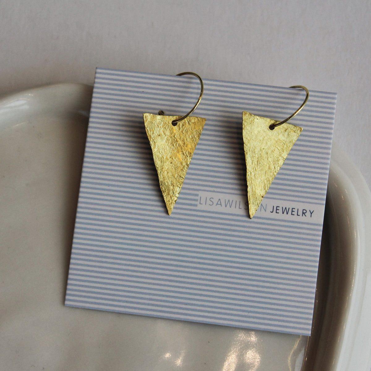 Small Gold Hoop Earrings with Hammered Brass Triangles