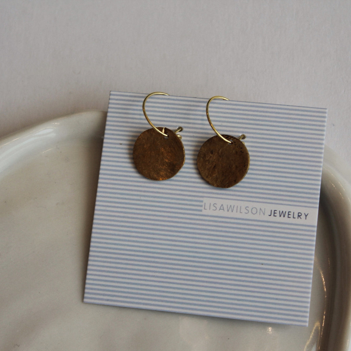 Small Gold Hoop Earrings with Hammered Brass Circles