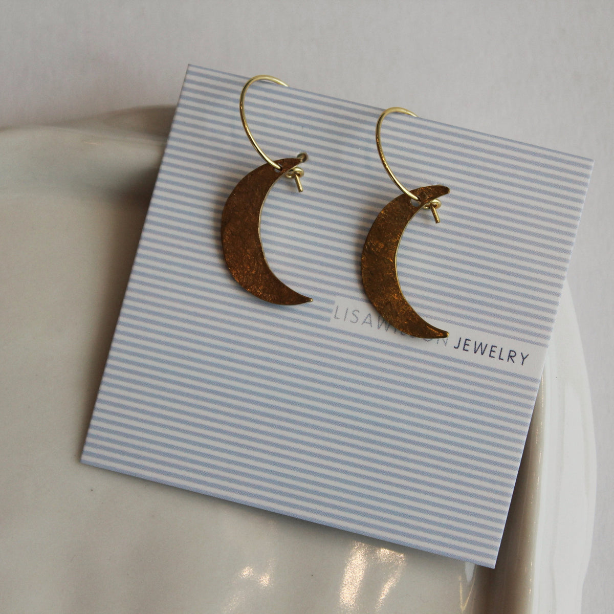 Small Gold Hoop Earrings with Hammered Brass Crescent Moons