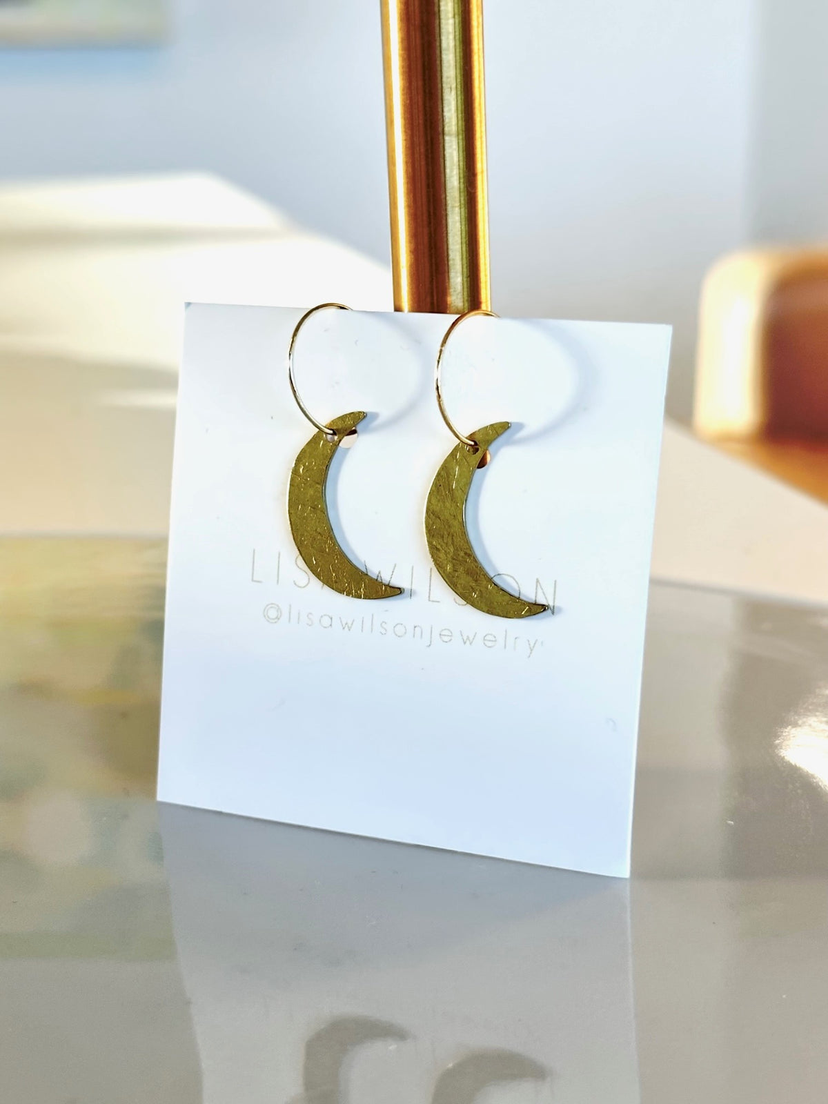 Small Gold Hoop Earrings with Hammered Brass Crescent Moons