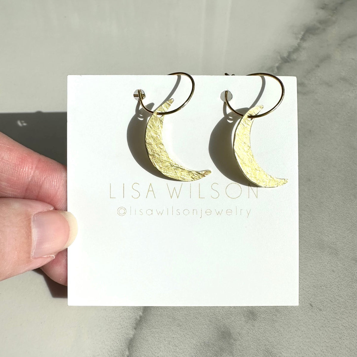 Small Gold Hoop Earrings with Hammered Brass Crescent Moons