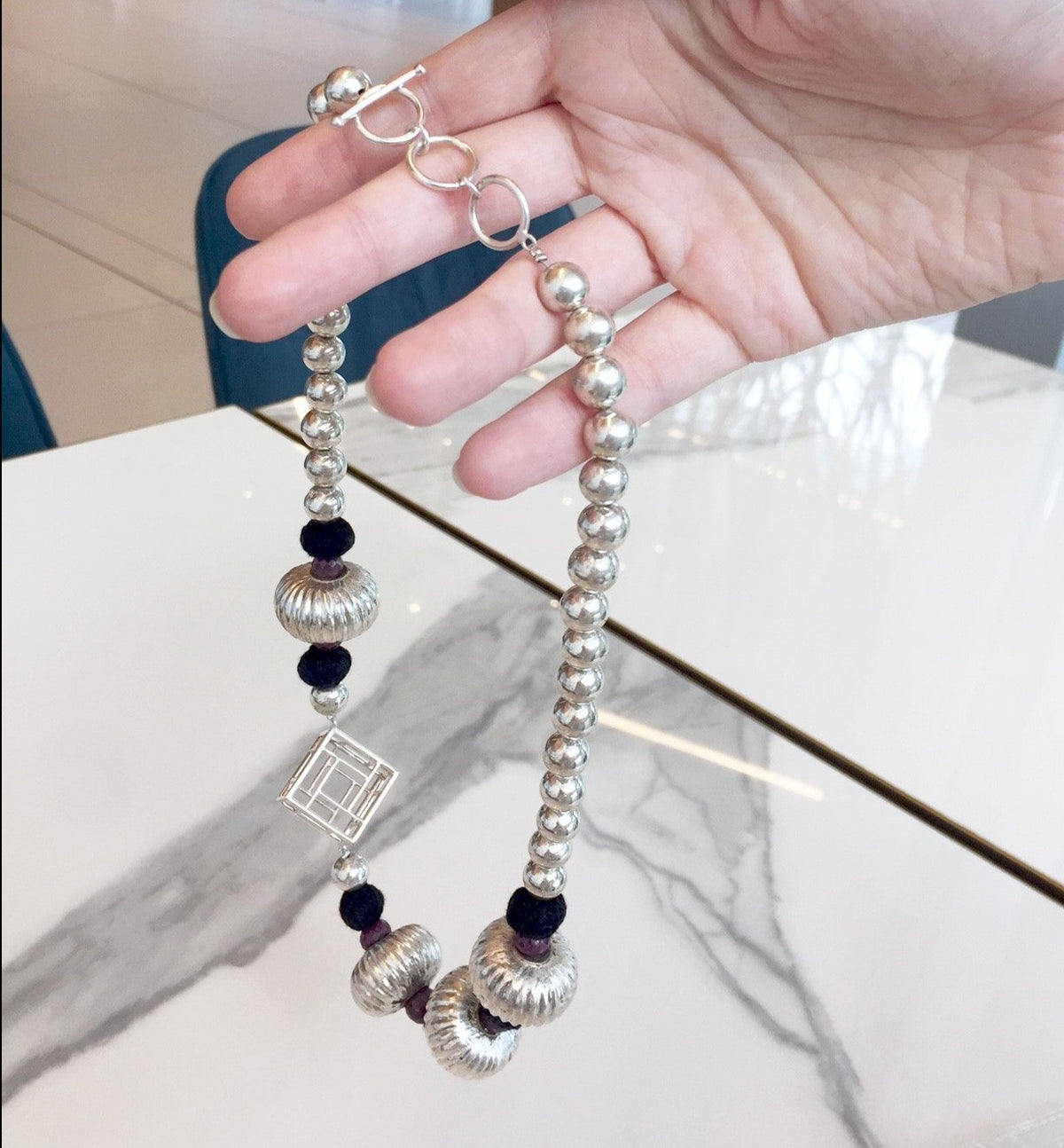 Silver Beaded Cube Necklace