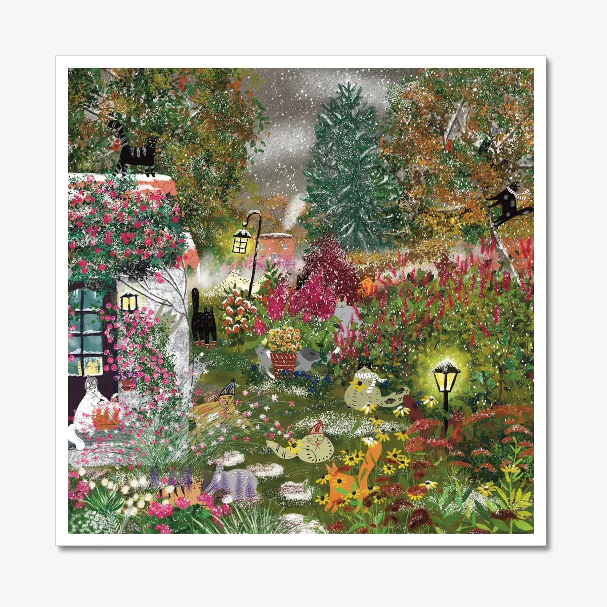 Snowy Autumn Garden with Cats - Art Print